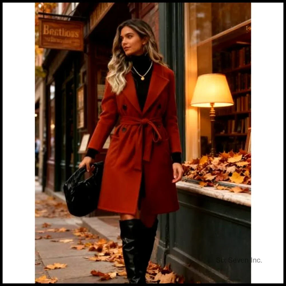 Winter Wool Pea Coat Double Breasted Belted Long Jacket - Picture 4 of 7